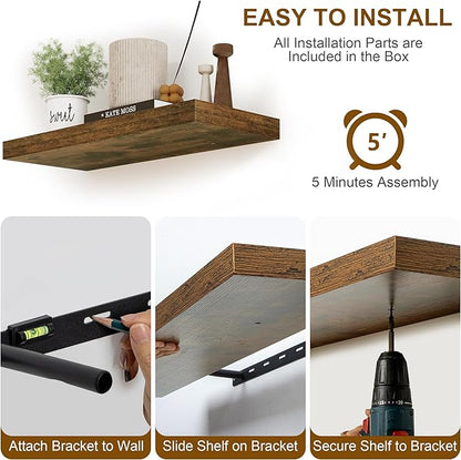 Fun Memories Floating Shelves 55 Inch Long, 8 Deep Floating Shelves for Wall, Large 55 x 8 Display Shelves for Living Room, Kitchen, Wood Deep Wall Shelves for Home Storage, Rustic Brown, 1 Pack