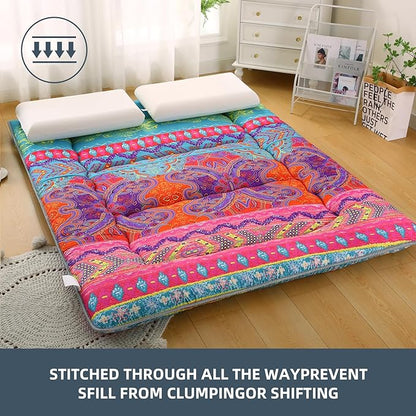 Bohemian Retro Japanese Floor Mattress, Vintage Floral Tatami Floor Mat, Portable Roll up Futon Mattress for Guest,Tavel (D,Full 80" X 47")