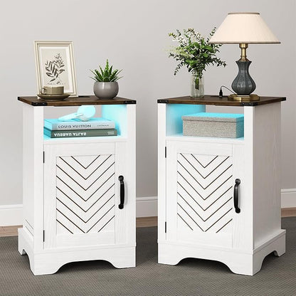 RoyalCraft Farmhouse Nightstand Set of 2, White Night Stand with LED Lights and Charging Station, Bedside Table Set of 2 with Storage and Door, Wood End Table for Bedroom, Home Office, Antique White