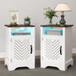 RoyalCraft Farmhouse Nightstand Set of 2, White Night Stand with LED Lights and Charging Station, Bedside Table Set of 2 with Storage and Door, Wood End Table for Bedroom, Home Office, Antique White