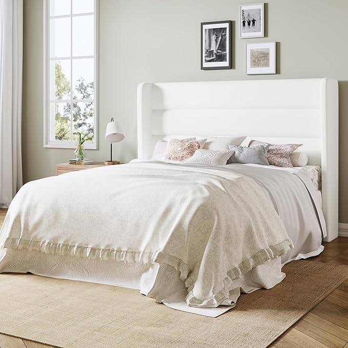 Allewie Full Size Platform Bed Frame with Velvet Upholstered Wingback Headboard, No Box Spring Needed, Under Bed Storage Space, Strong Wooden Slats, Modern Mattress Foundation, Easy Assembly, White