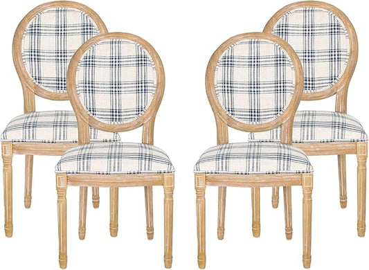 Christopher Knight Home Phinnaeus Dining Chair Set, Set of 4, Wood, Dark Blue Plaid + Light Beige + Natural