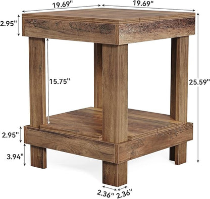 LITTLE TREE End Table Set of 2, All Wooden 2-Tier Square Side Table with Storage Shelves, Farmhouse Style Side End Table for Living Room, Small Bedside Table Nightstand for Bedroom, Reclaimed Natural