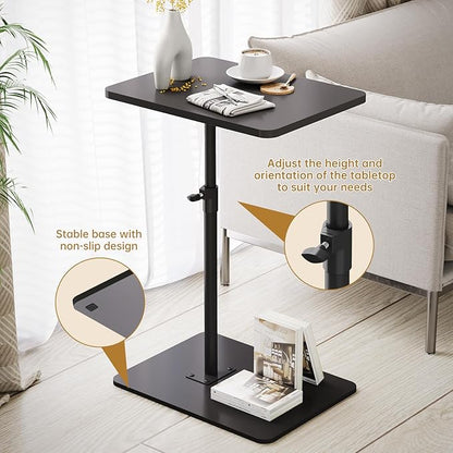 NiHome Minimalist Height Adjustable End Table, 360° Rotatable Sofa Armrest Side Tray Table, Adjustable Legs Space-Saving Couch Bedside TV Tray C-Shaped End Table Snack Table for Eating(Black)