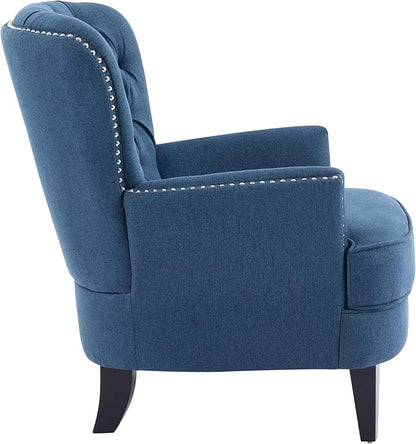 Ball & Cast Accent Chair,Mid-Century Lounge Living Room Chairs with Button Tufting,Upholstered Reading Accent Chair W/Solid Wood Legs and Curved Backrest,for Bedroom,Apartment,Navy Blue