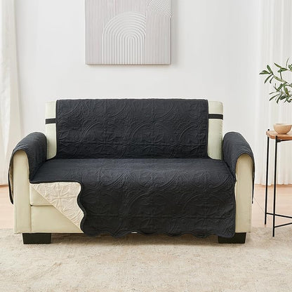 Great Bay Home Reversible Loveseat Cover - Washable Slipcover Furniture Protector with Elastic Straps - Couch Cover for Dogs, Kids, and Pets - Quilted & Stitched Detail (Loveseat, Black/Taupe)