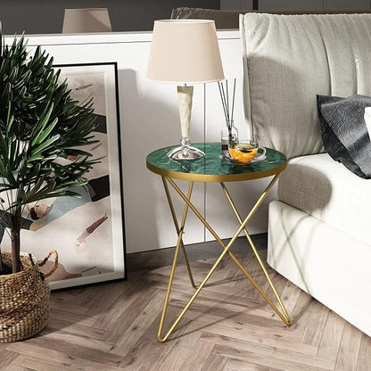 HLR Modern Round Side Table, End Table with Marble Effect Top and Gold Metal Frame, Small Side Table for Living Room, Bedroom, Sofa and Couch, Gold Legs, Green Marble top