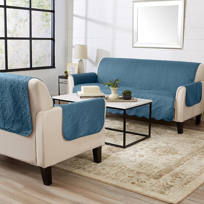 Great Bay Home Medallion Stitched Solid Furniture Protector Stain Resistant Durable Furniture Protector Elenor Collection (Sofa, Smoke Blue/Ivory)