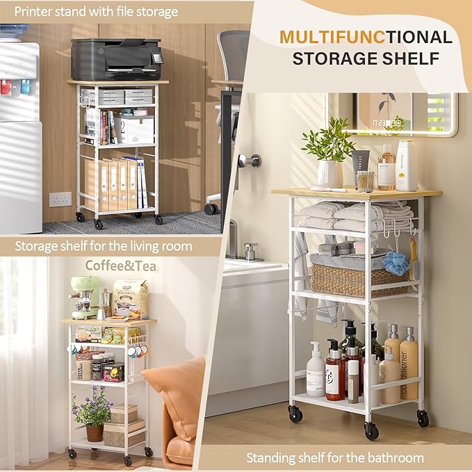Rolling Kitchen Microwave Cart, 4 Tier Microwave Table Stand with Storage, Kitchen Storage Rack on Wheels, Coffee Station Cart Rack Shelf Organizer for Living Room Office, Balcony