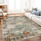 Area Rug 9'x12' Washable Vintage Traditional Mat Distressed Indoor Foldable Thin Retro Accent Floral Print Non Slip Carpet for Living Room Dining Room Office