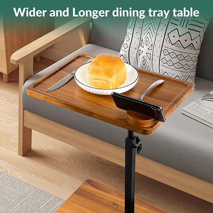 Solid Wood Acacia Wood Couch Table,360° Swivel Height Adjustable C Table with Phone & Tablet Stand,TV Trays for Eating on Couch, Bedroom or Livingroom, Oblong.