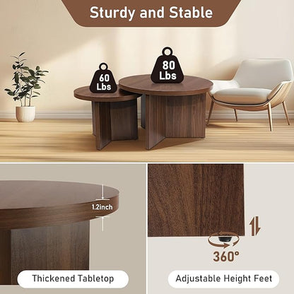 Round Nesting Coffee Tables Set of 2, Modern Stacking Table with Wood Grain Finish, End Table Side Tables for Living Room (Walnut)