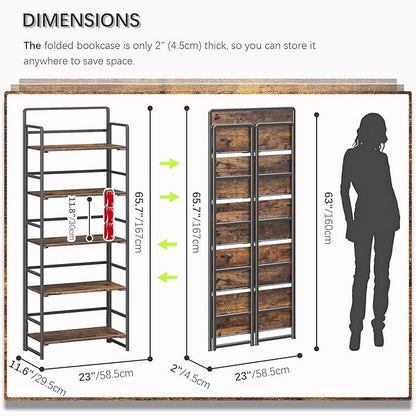 4NM No-Assembly 5 Tiers Folding Bookshelf Storage Shelves Vintage Bookcase Standing Racks Study Organizer Home Office (Rustic Brown Black)