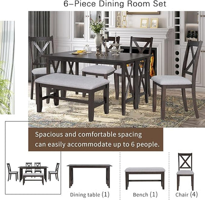 Ball & Cast 6-Piece Dining Table Set, 60" Wood Dining Kitchen Table & Chairs Set, Rectangular Dining Room Foldable Table with 4 Upholstered Chairs & 1 Bench,Perfect for Dining Room, Kitchen, Espresso