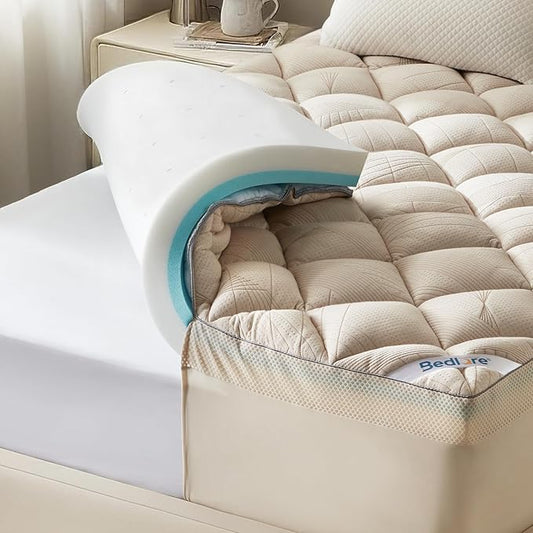 Bedlore 4-Inch King Mattress Topper for Back Pain - Dual Layer Medium Support (2" Gel Memory Foam + 2" Cooling Fluffy Pillow Top Pad), Breathable & Pressure Relief(Beige)