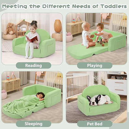 Extra Wide Kids Couch, 2-in-1 Soft Toddler Couch with Blanket, Comfy Toddler Chair, Convertible Sofa to Lounger, Gifts for Kids Girl Boys, Green