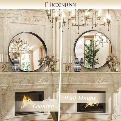 Keonjinn Black Round Mirror 36 Inch, Brushed Black Framed Circle Mirror for Bathroom, Aluminum Alloy Metal Frame, Modern Farmhouse Decorative Wall Mirror for Entryway, Living Room