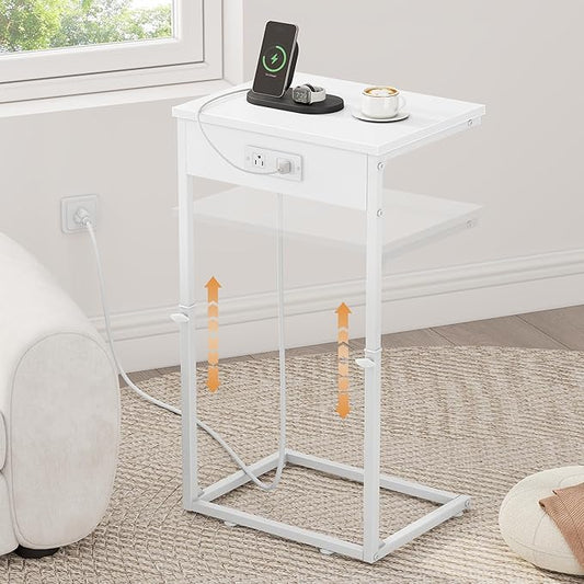 Vagusicc C Shaped End Table with Charging Station, Adjustable Height Side Table for Couch, Small End Table Small Spaces, 33.2'' Tall Couch Tables that Slide Under, Tv Tray Table for Living Room, White