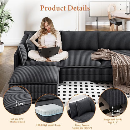 Vesgantti 109" U Shaped Cloud Sectional Sofa, Comfy Corduroy Upholstered Sectional Modular Sofas for Living Room, Modern Modular Couch with 2 Ottoman Deep Seat, Dark Grey