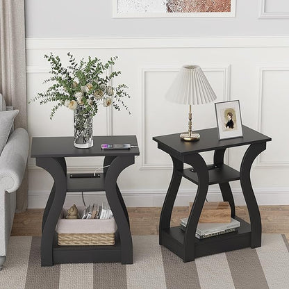 End Table with Charging Station, Side Table with USB Ports and Outlets, Nightstand, 3 Tier End Table with Storage Shelf for Living Room, Bedroom (Black)