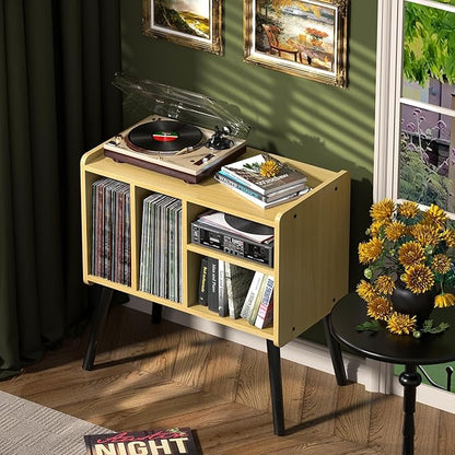 Record Player Table, Mid-Century Record Player Stand with Vinyl Storage Hold Up to 150+ Albums, Vinyl Record Cabinet with Adjustable Shelves, Wood Turntable Stand for Music Living Room (Walnut)