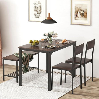 soges 4-Piece Dining Table Set with Bench - 4 Person Kitchen Table and 2 Chairs for Small Spaces, Apartment - Metal Frame & Woodgrain Tabletop, Space-Saving Design, Durable & Easy to Clean, Dark Oak