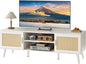 SUPERJARE TV Stand for 65 Inch TV, Entertainment Center with Adjustable Shelf, Rattan TV Console with 2 Cabinets, Media Console, Solid Wood Feet, 4 Cord Holes, for Living Room, White-8750W