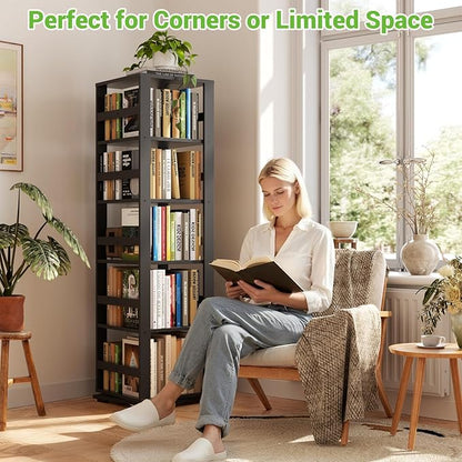 Homykic Rotating Bookshelf, Bamboo 360 Display Spinning Bookshelf Tower, 5-Tier Small Corner Bookcase for Small Spaces, Narrow Revolving Book Shelf Organizer Rack for Home Office, Black