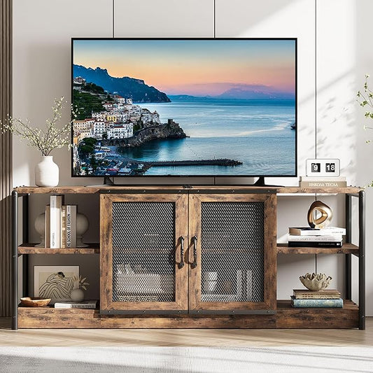 GarveeHome Farmhouse TV Stand for 65/75 inch TV, Entertainment Center with Storage Cabinet, Industrial TV Console Cabinet with Mesh Doors, 63" Rustic TV Media Console Table for Living Room, Vintage