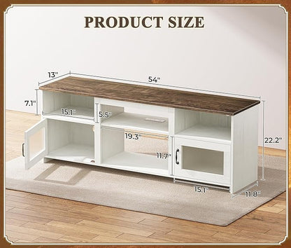 PRAISUN TV Stand for 60 Inch TV, TV Console Cabinet with Power Outlets and LED Lights, 54 Inch Entertainment Center, 2 Acrylic Cabinets, 4 Cable Holes, Open Shelves, for Living Room, Distressed White