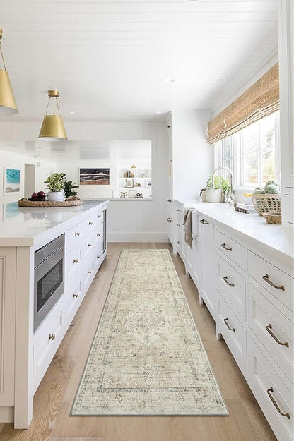 LIVEBOX Washable 2.5x8 Runner Rugs for Entryway Bathroom, Boho Kitchen Floor Mats Long Rug Runners for Hallways Non Slip, Farmhouse Low-Pile Carpet Runners for Laundry Room, Tan