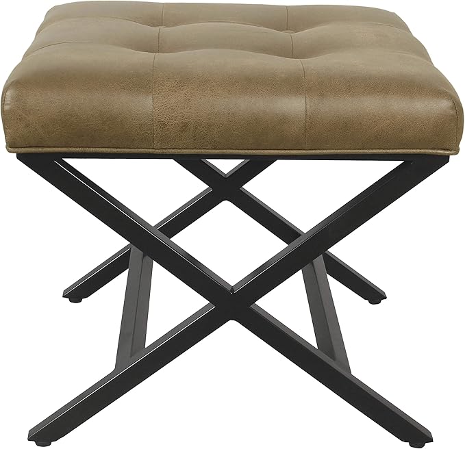 HomePop Home Decor | Modern Tufted Faux Leather Square Ottoman with Metal X Base | Ottoman for Living Room & Bedroom | Decorative Home Furniture, Light Brown Faux Leather