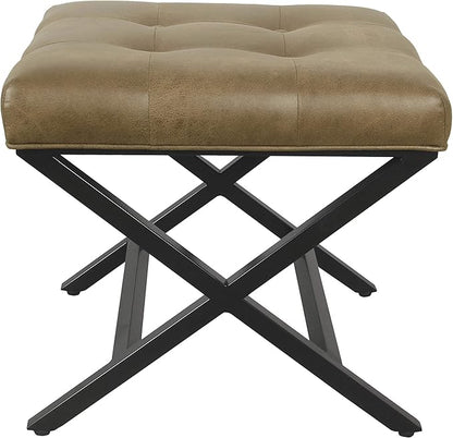 HomePop Home Decor | Modern Tufted Faux Leather Square Ottoman with Metal X Base | Ottoman for Living Room & Bedroom | Decorative Home Furniture, Light Brown Faux Leather