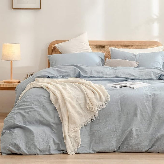 BESTOUCH Duvet Cover Set 100% Washed Cotton Linen Feel Super Soft Comfortable Chic Lightweight 3 PCs Home Bedding Set Solid Cornflower Blue Oversized Queen
