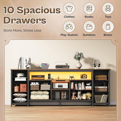 Huuger 63 Inch LED TV Stand Dresser with Power Outlets, USB-C Port and LED Lights, 10 Fabric Drawer Dresser for Bedroom, Long Entertainment Center for 65, 70 Inch TV, Open Shelves, Rustic Brown