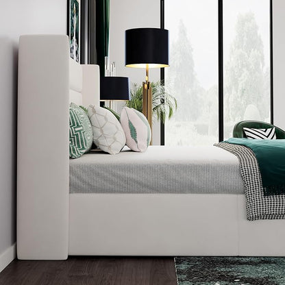 SHA CERLIN Queen Size Lift Up Storage Bed/Velvet Upholstered/Modern Wingback Headboard/Upholstered Platform Bed Frame/Hydraulic Storage/No Box Spring Needed/White