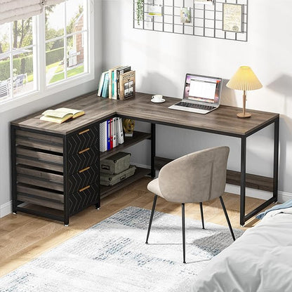 Tribesigns L Shaped Computer Desk with Storage Drawers, 59 inch Corner Desk with Shelves, Reversible L-Shaped Office Desk Writing Table Workstation for Home Office, Grey