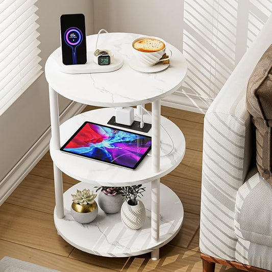 Small Round End Table - 3 Tier Design Accent Table, Narrow Side or Bedside Stand, Industrial Vintage Table for Small Spaces, Built-in USB Ports and Power Outlet, Marble White