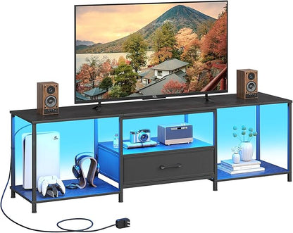 TV Stand with LED Lights, Entertainment Center with Open Shelves and Fabric Drawer, Media Console for 80 Inch TV, Television Stands for Living Room, Bedroom, Black