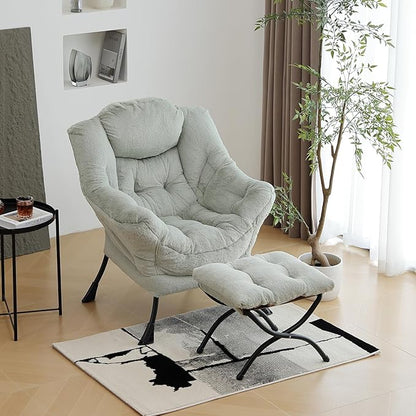 Lazy Chair with Ottoman, Modern Chair with Folding Footrest, Lounge Accent Chair, Comfortable Reading Chair (Plush Green)