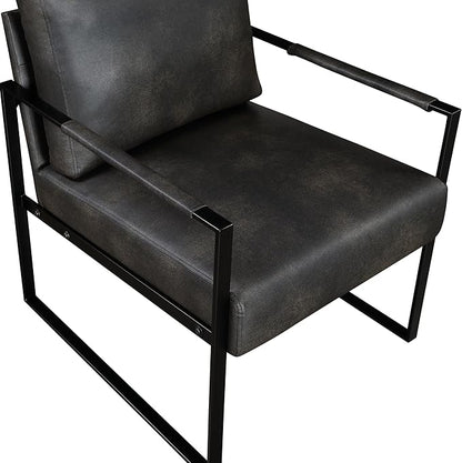 Lexicon Modern Accent Chair, Faux Leather Upholstered Living Room Chair With Wrapped Armrests, Arm Chair With Black Metal Frame,Comfy Single Chair For Living Room/Bedroom/Reading Room/Office,Dark Grey