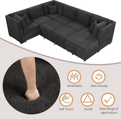 Ball & Cast 108.6" Sleeper Sectional Pull Out Sofa with 2 USB Ports,Two Power Sockets,Versatile U-Shape Couch w/ 3 Back Pillows and Storage Chaise,for Living Room,Office,Apartment,Black