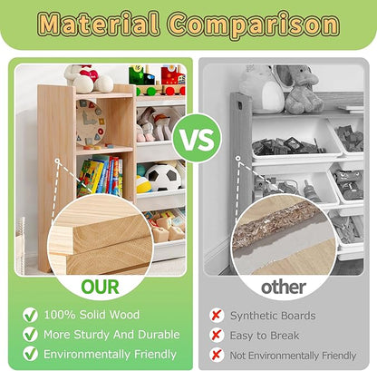 MallBest 4-Tier Kids' Toy Storage Organizer Shelf - 100% Solid Wood,Children's Storage Cabinet with 9 Plastic Bins and and 3 Storage Ports (Varnish-Single Color)