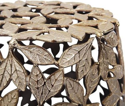 Howard Elliott Olive Leaf Round Side Table & Stool, Unique Bronze Finish Cast Aluminum Bedside Table, Modern Accent Decoration Side End Table for Living Room, Balcony & Bedroom, 17 x 16.25 Inch