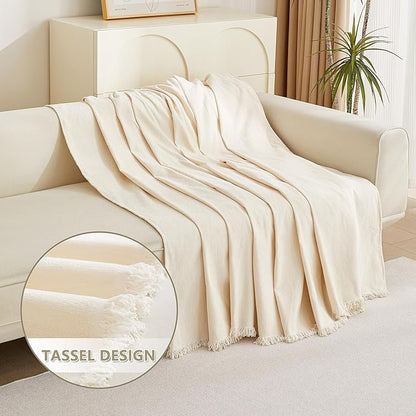 MYSKY HOME Couch Cover 3 Cushion Sofa with Tassel, Chenille Sofa Covers Couch Covers, Slipcovers for Sectional l Shaped Dogs Protector Furniture Covers, 91" X150", Beige