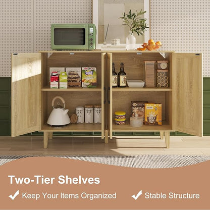 Storage Cabinet with Rattan Trim - 4 Door Sideboard Buffet Cabinet with Storage and Shelves for Bathroom, Coffee Bar, Kitchen, Living Room, Hallway (Natural Wood)