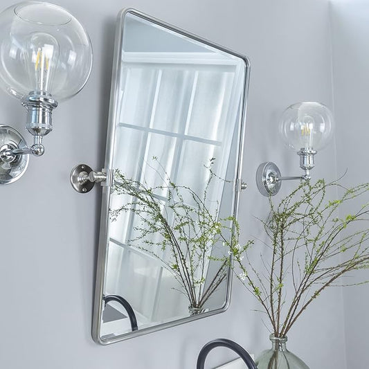 TEHOME 20x30'' Brushed Nickel Pivot Mirror Rectangle Bathroom Vanity Mirror Brushed Silver Rounded Corner Metal Framed Tilting Beveled Vanity Wall Mirrors