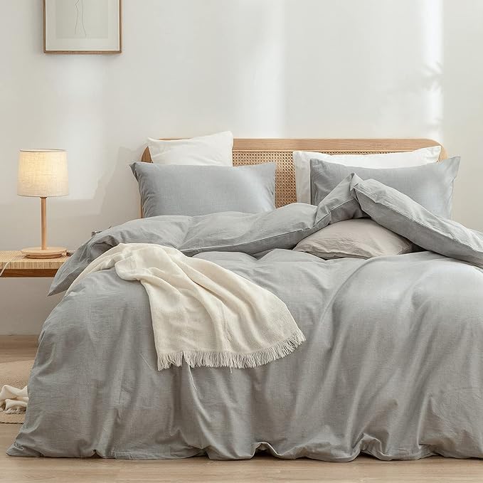 BESTOUCH Duvet Cover Set 100% Washed Cotton Linen Feel Super Soft Comfortable Chic Lightweight 3 PCs Home Bedding Set Solid Light Grey King