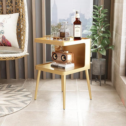 Gold Nightstand with Storage, 2 Tier Small End Tables Bedroom, Modern Side Tables Living Room with 4 Legs, Square Accent Table for Small Spaces Indoor Outdoor, Easy Assembly