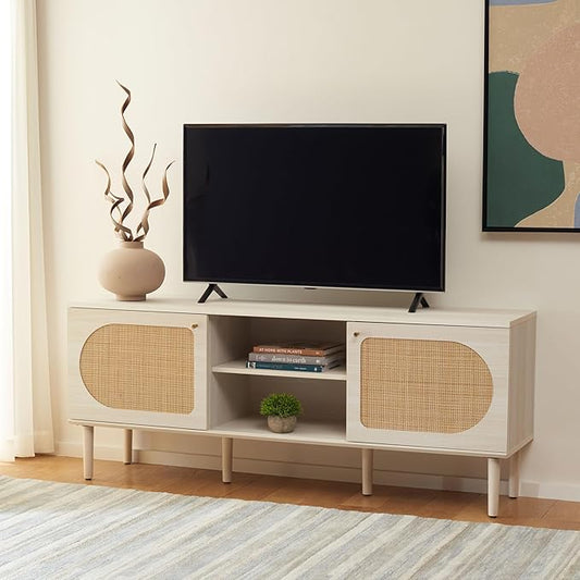 SAFAVIEH Claude TV Stand for up to 65" Flatscreen – Bleached White & Natural Rattan, 2 Sliding Doors with Interior Storage, 2 Open Shelves, Entertainment Media Console (MED9610C)